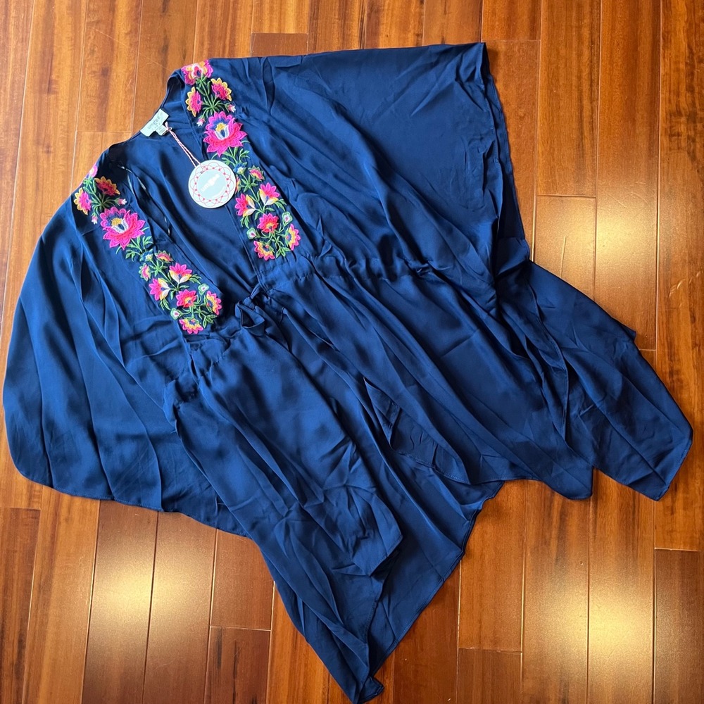 Umgee Blue Embroidered Kimono Coverup Wrap Top Batwing Navy Floral‎ New Size M L